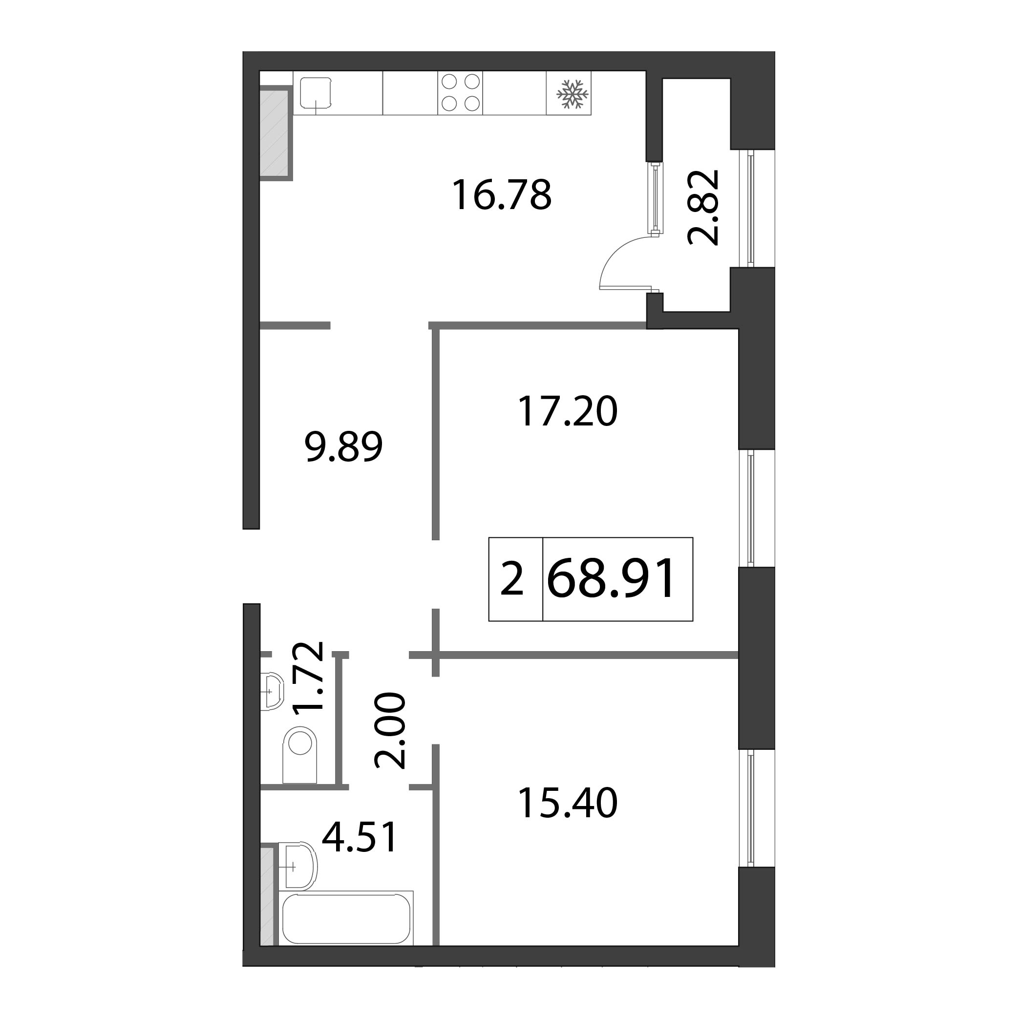 3-комнатная (Евро) квартира, 69.4 м² - планировка, фото №1