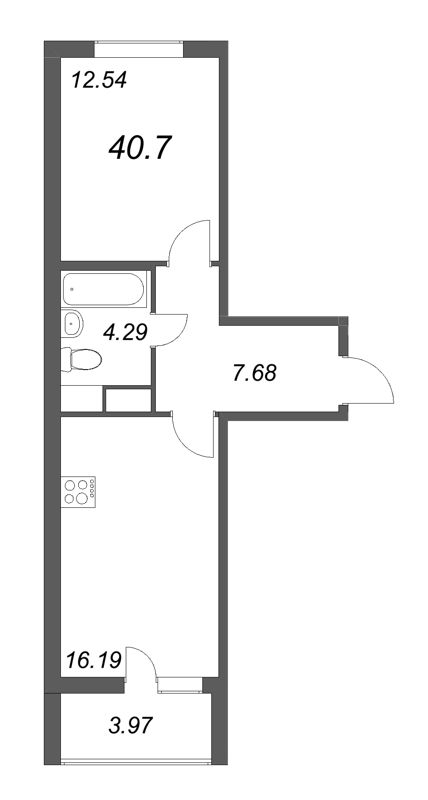 2-комнатная (Евро) квартира, 40.7 м² - планировка, фото №1