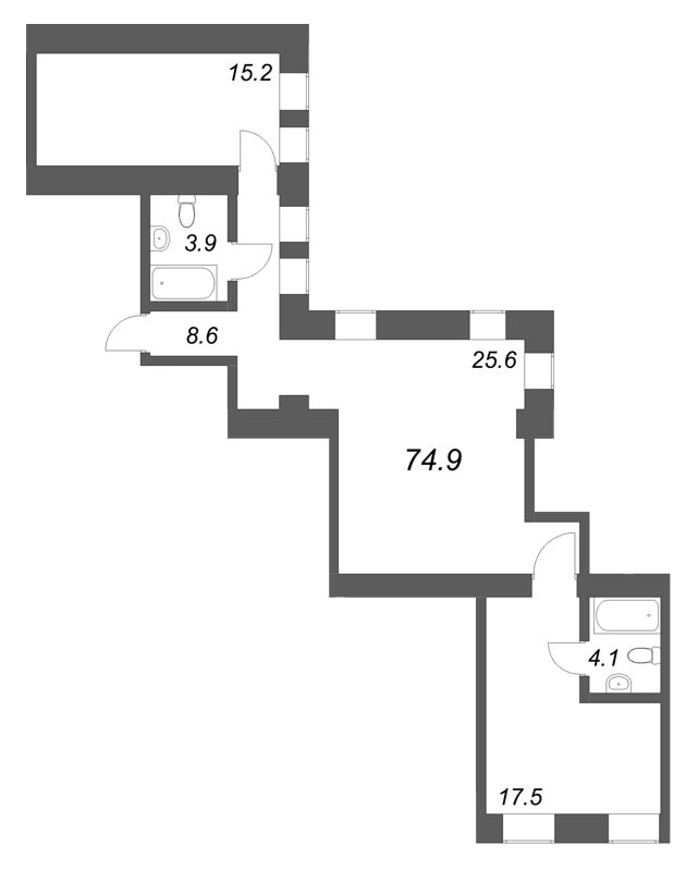3-комнатная (Евро) квартира, 74.9 м² в ЖК "Дом купца Злобина" - планировка, фото №1
