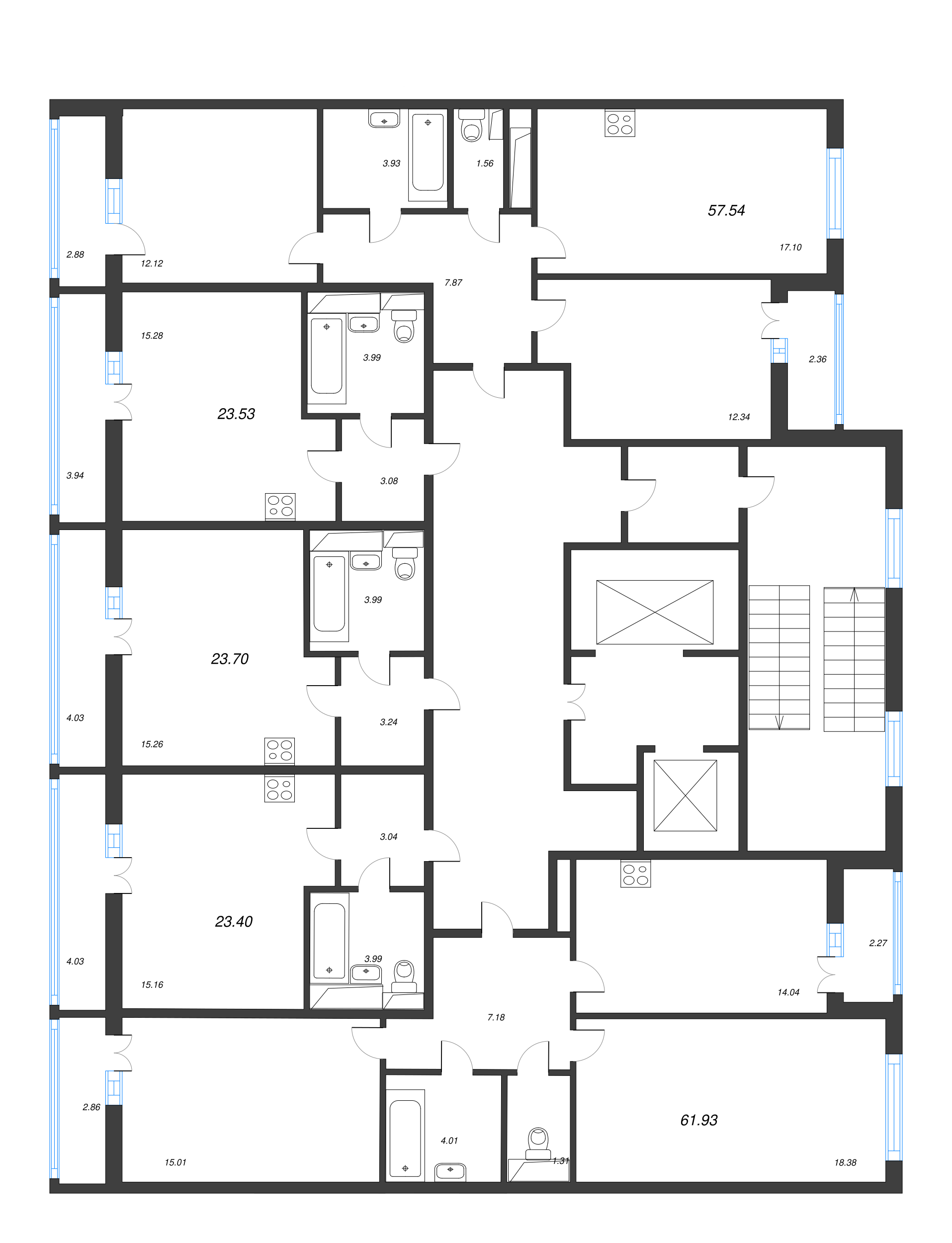 2-комнатная квартира, 61.93 м² - планировка этажа