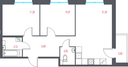 3-комнатная (Евро) квартира, 60.02 м² в ЖК "Город-спутник Южный" - планировка, фото №1