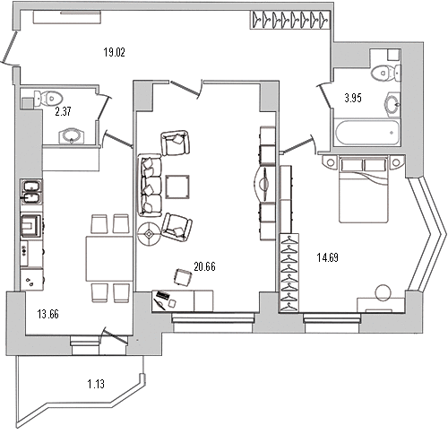 2-комнатная квартира, 76.8 м² - планировка, фото №1