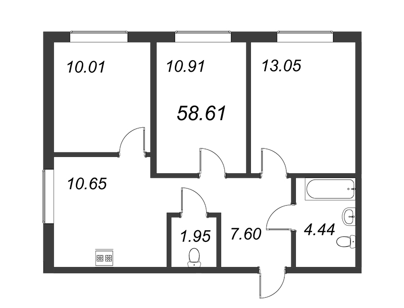 3-комнатная квартира, 58.61 м² в ЖК "Новые горизонты" - планировка, фото №1
