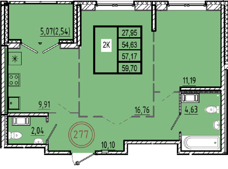 2-комнатная квартира, 54.63 м² в ЖК "Образцовый квартал 9.1" - планировка, фото №1