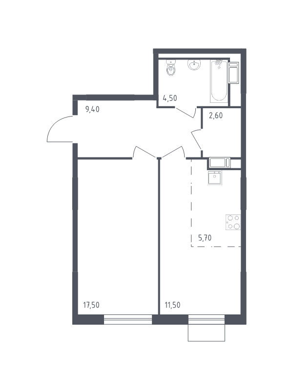 2-комнатная (Евро) квартира, 51.2 м² в ЖК "Курортный Квартал" - планировка, фото №1