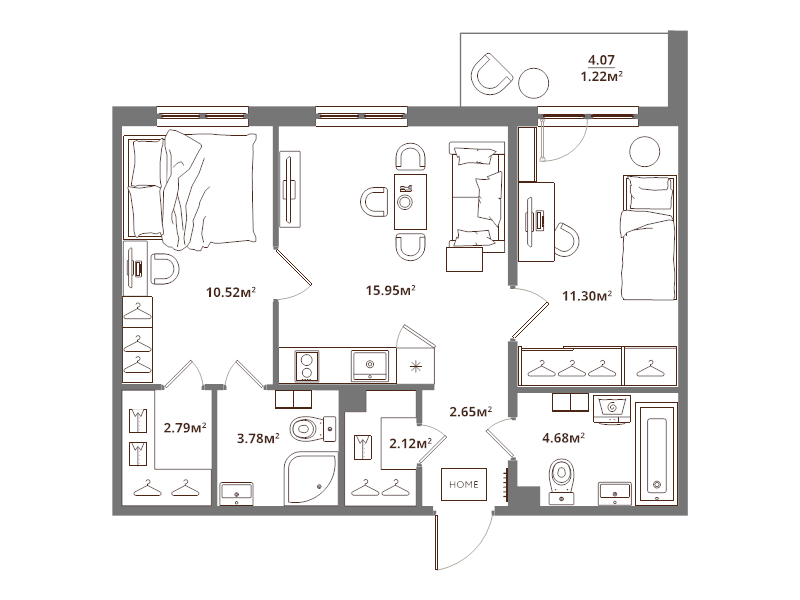 3-комнатная (Евро) квартира, 55.01 м² - планировка, фото №1