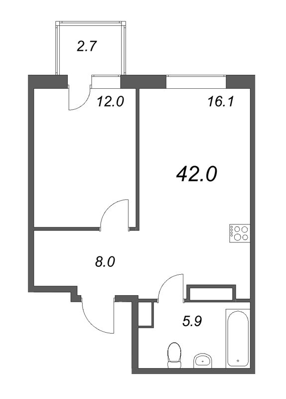 2-комнатная (Евро) квартира, 42 м² - планировка, фото №1