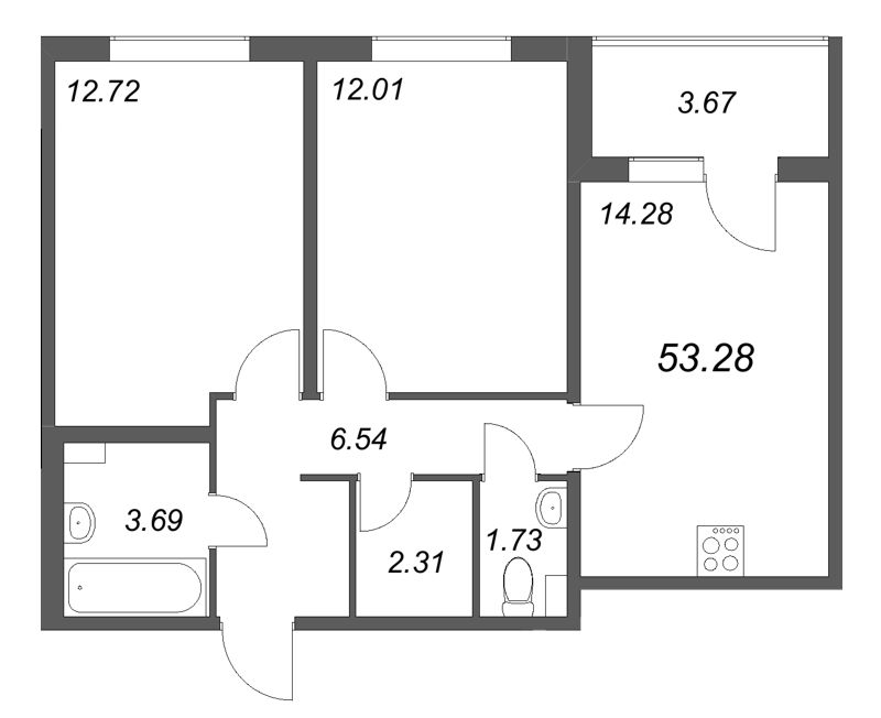 2-комнатная квартира, 53.28 м² в ЖК "Любоград" - планировка, фото №1