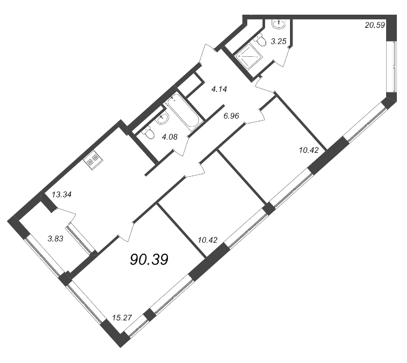 4-комнатная квартира, 90.39 м² в ЖК "GloraX Premium Василеостровский" - планировка, фото №1