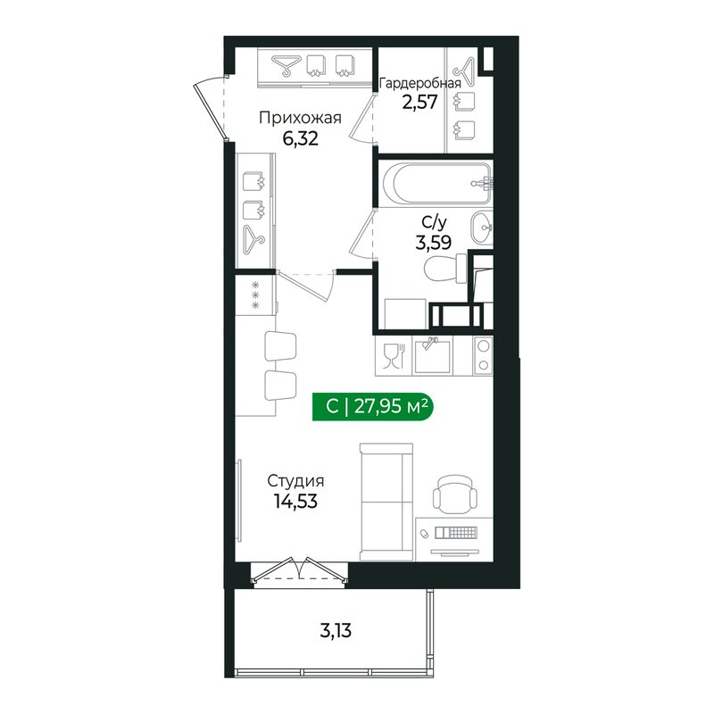 Квартира-студия, 27 м² в ЖК "Сертолово Парк" - планировка, фото №1