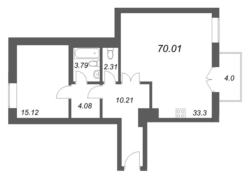 2-комнатная (Евро) квартира, 70.01 м² в ЖК "Фонтанка 130" - планировка, фото №1