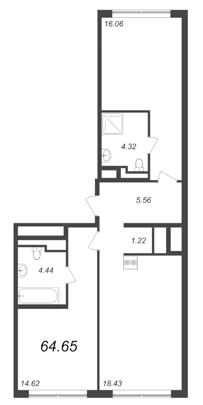 3-комнатная (Евро) квартира, 64.65 м² - планировка, фото №1