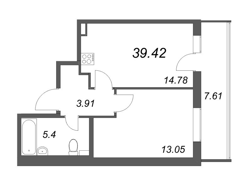 1-комнатная квартира, 39.42 м² - планировка, фото №1