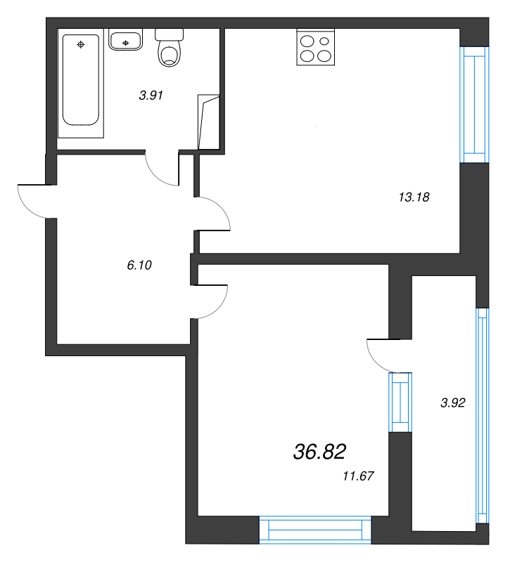 2-комнатная (Евро) квартира, 36.82 м² - планировка, фото №1