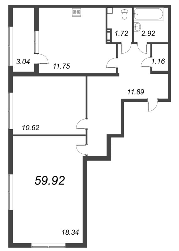 2-комнатная квартира, 59.92 м² в ЖК "БелАрт" - планировка, фото №1