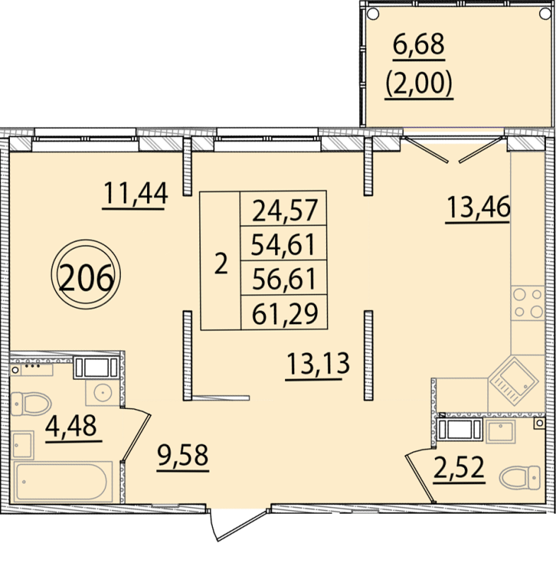 2-комнатная квартира, 54.61 м² в ЖК "Образцовый квартал 15" - планировка, фото №1
