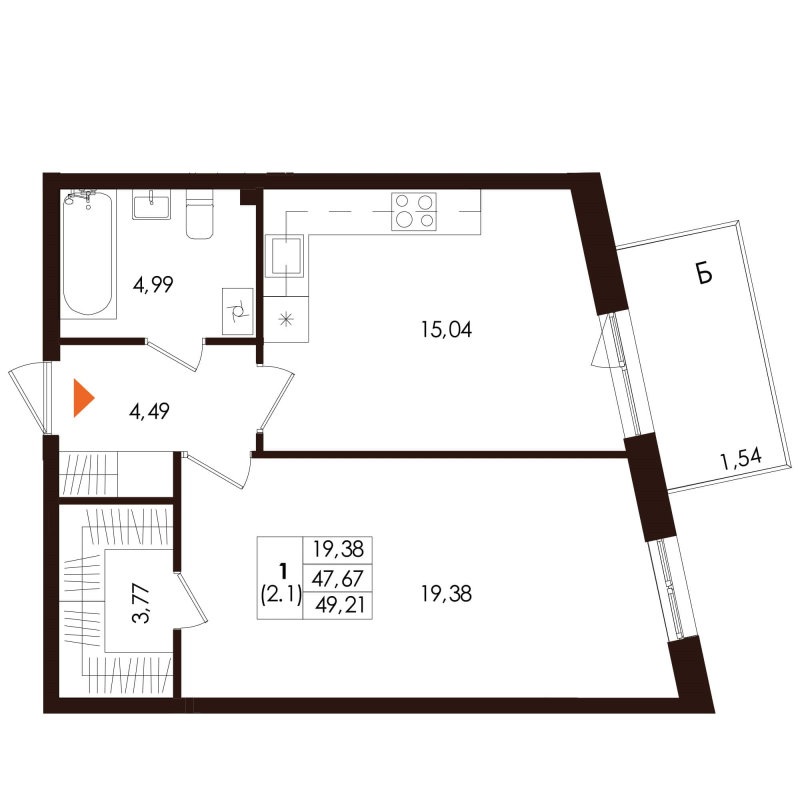 2-комнатная (Евро) квартира, 49.21 м² в ЖК "Лисино" - планировка, фото №1