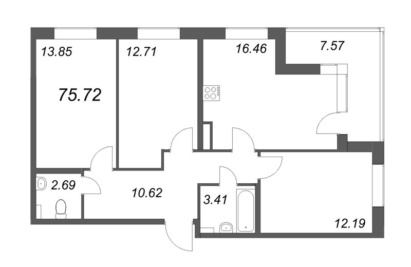 4-комнатная (Евро) квартира, 75.72 м² - планировка, фото №1