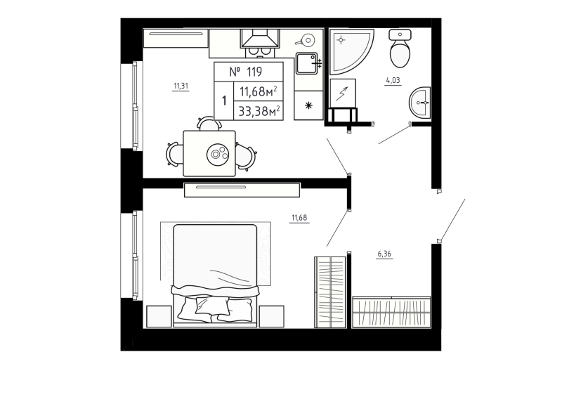 1-комнатная квартира, 33.38 м² в ЖК "Аннино Сити" - планировка, фото №1
