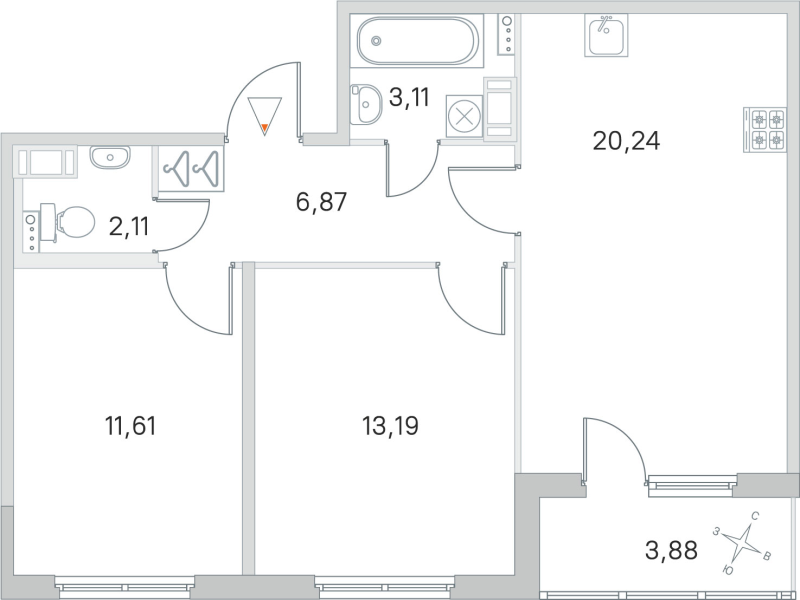 3-комнатная (Евро) квартира, 57.13 м² в ЖК "Любоград" - планировка, фото №1