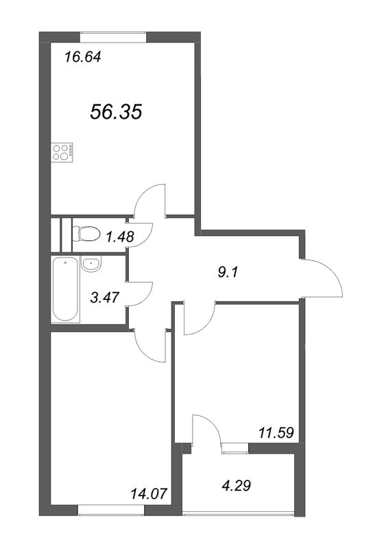 3-комнатная (Евро) квартира, 56.35 м² - планировка, фото №1