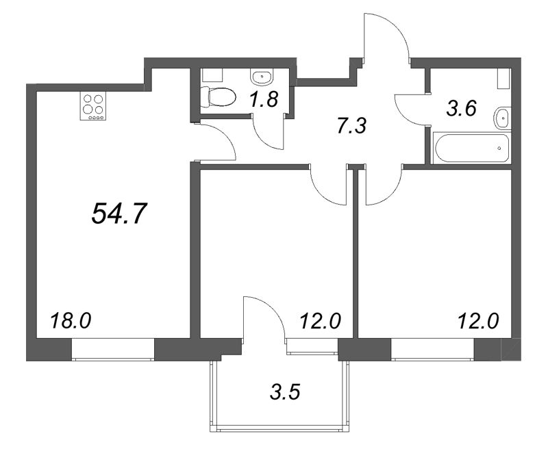 3-комнатная (Евро) квартира, 54.7 м² в ЖК "М36" - планировка, фото №1