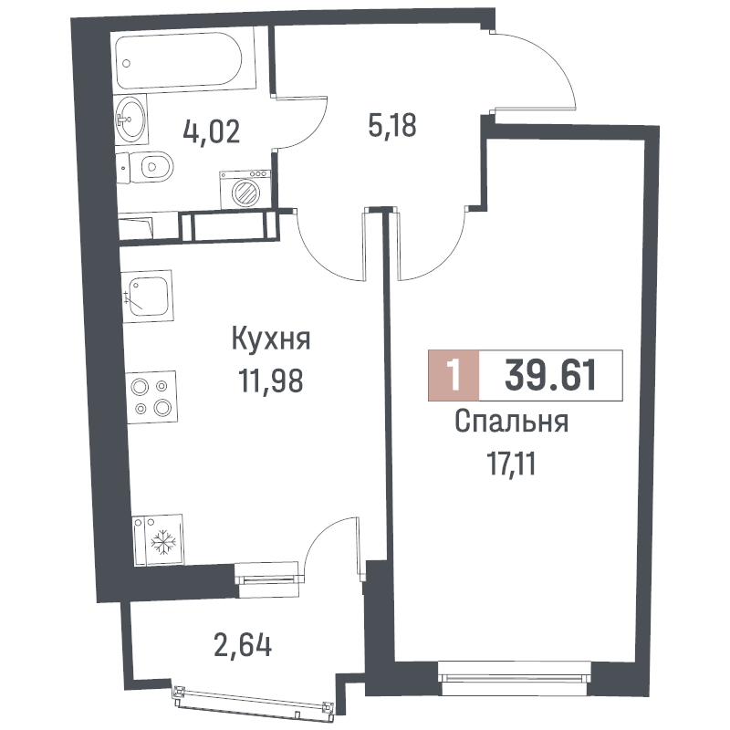 1-комнатная квартира, 39.61 м² в ЖК "Авиатор" - планировка, фото №1