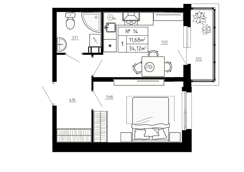 1-комнатная квартира, 34.12 м² в ЖК "Аннино Сити" - планировка, фото №1