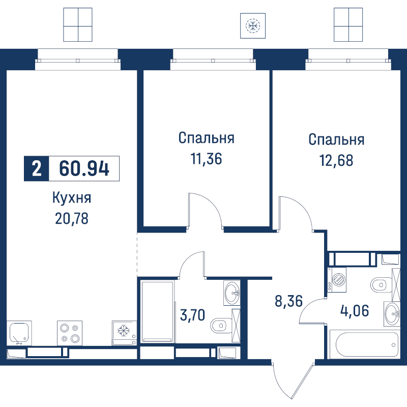 3-комнатная (Евро) квартира, 60.94 м² в ЖК "Символист" - планировка, фото №1