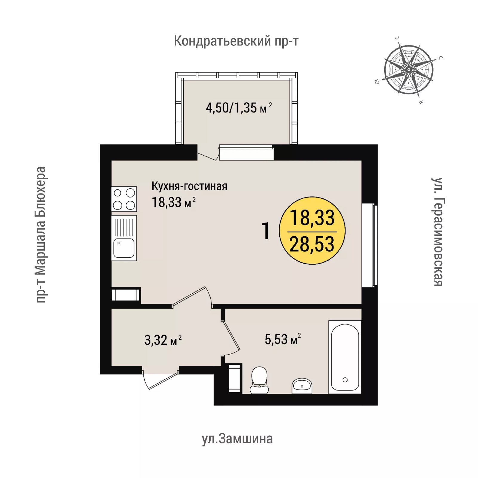 Квартира-студия, 28.53 м² в ЖК "Уют" - планировка, фото №1