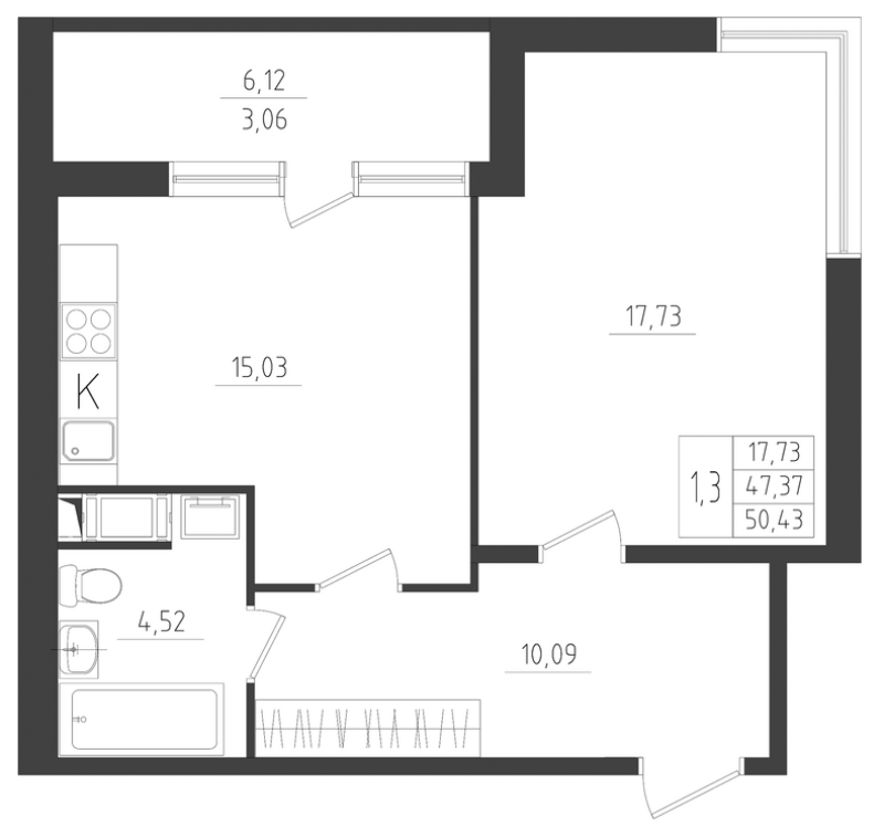 2-комнатная (Евро) квартира, 50.43 м² в ЖК "Новикола" - планировка, фото №1