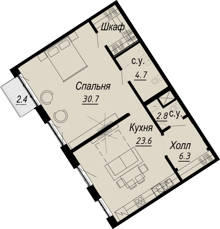 2-комнатная (Евро) квартира, 69.3 м² - планировка, фото №1