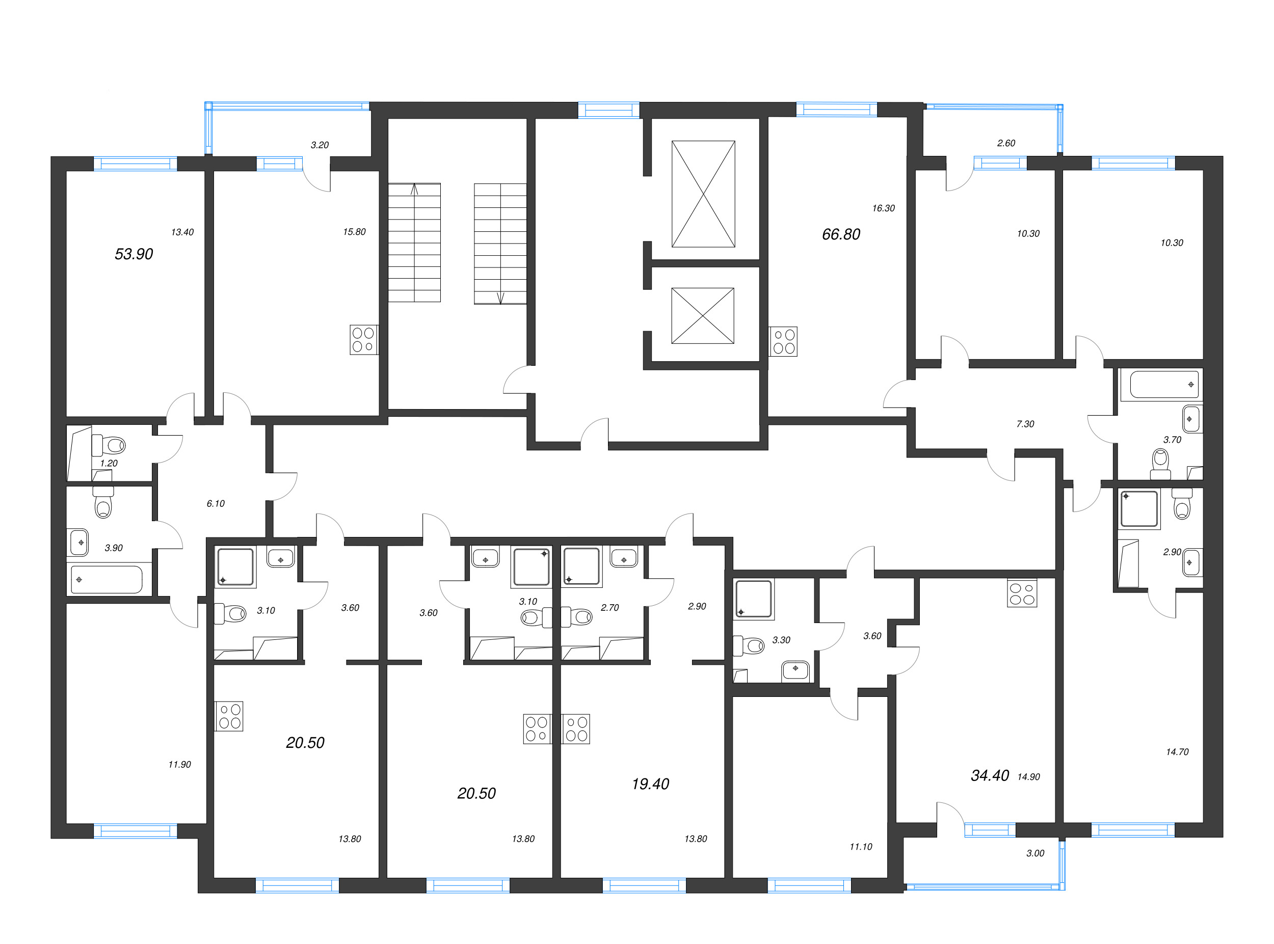 2-комнатная квартира, 53.9 м² в ЖК "Ручьи" - планировка этажа