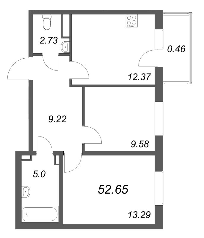 2-комнатная квартира, 52.65 м² в ЖК "Новая история" - планировка, фото №1