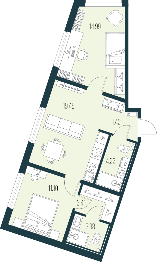 3-комнатная (Евро) квартира, 57.97 м² в ЖК "Новая Земля" - планировка, фото №1