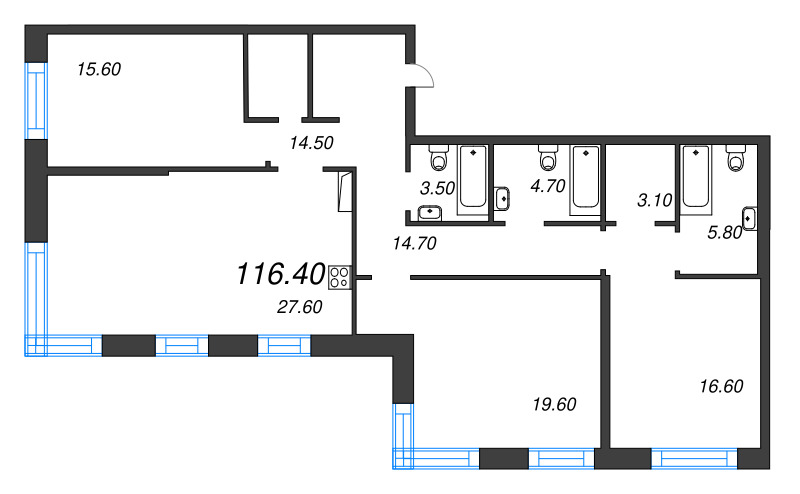 4-комнатная (Евро) квартира, 116.4 м² в ЖК "ЛДМ" - планировка, фото №1