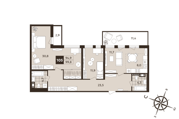 3-комнатная (Евро) квартира, 94.9 м² в ЖК "Дом на Бронницкой" - планировка, фото №1