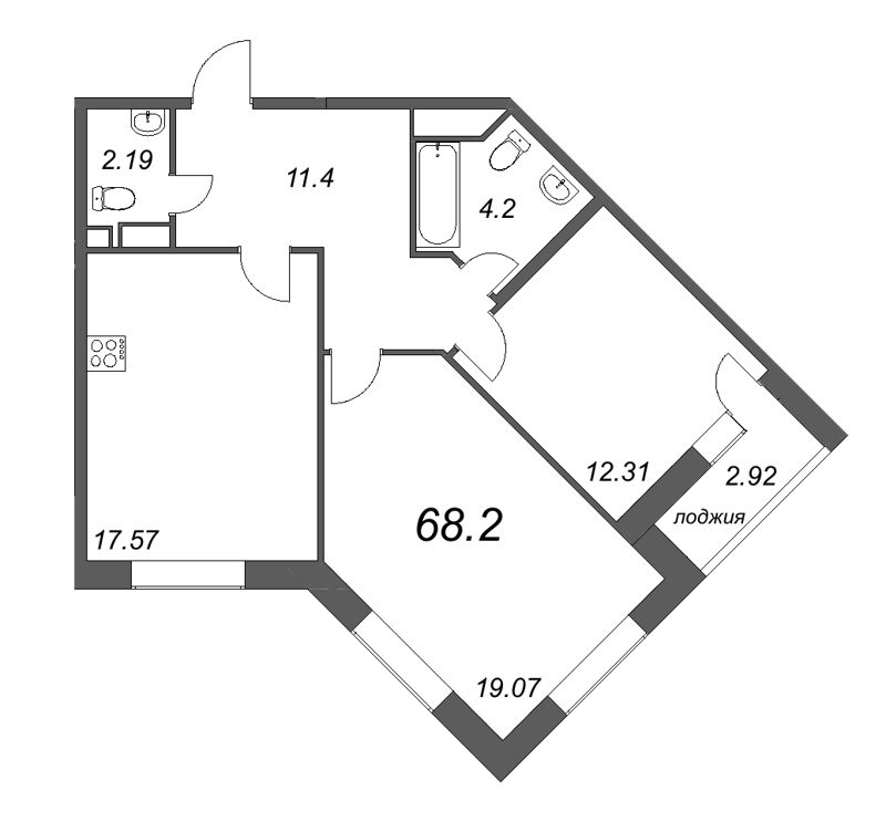 2-комнатная квартира, 68.2 м² - планировка, фото №1