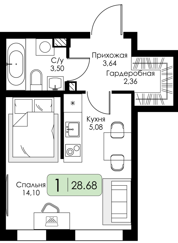 Квартира-студия, 28.68 м² в ЖК "Всевгород" - планировка, фото №1