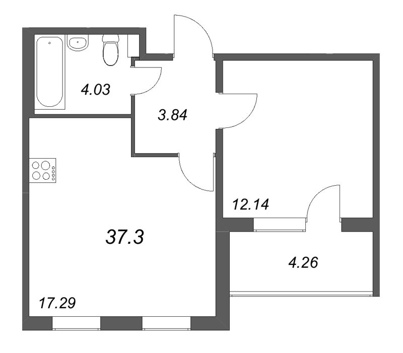 2-комнатная (Евро) квартира, 37.3 м² в ЖК "Любоград" - планировка, фото №1