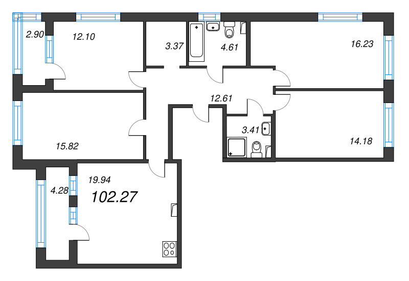 5-комнатная (Евро) квартира, 102.27 м² в ЖК "Б15" - планировка, фото №1
