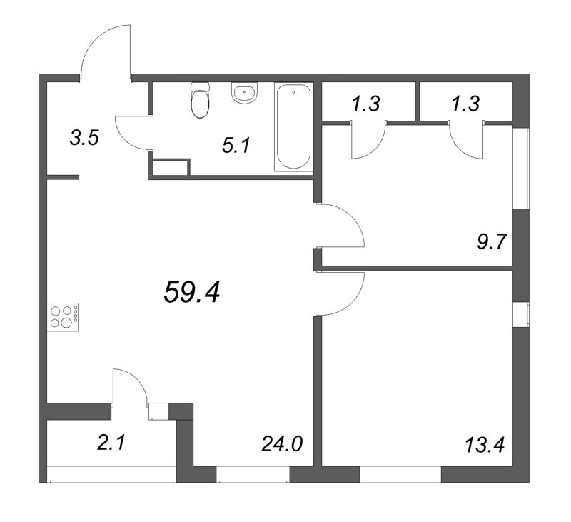 3-комнатная (Евро) квартира, 59.4 м² в ЖК "Дзета" - планировка, фото №1