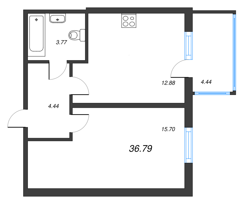 1-комнатная квартира, 36.79 м² - планировка, фото №1