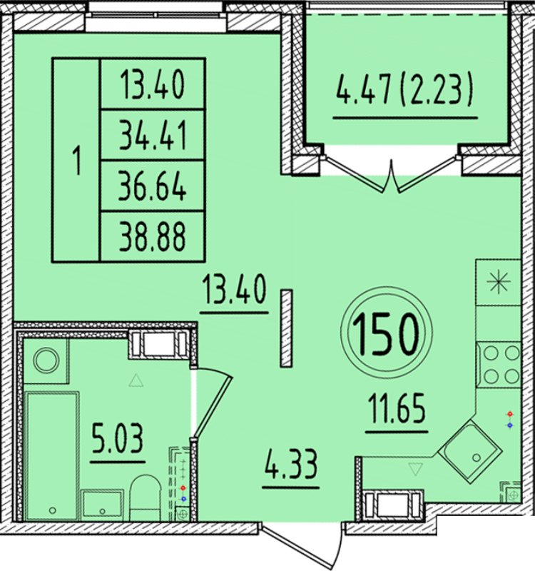 1-комнатная квартира, 34.41 м² в ЖК "Образцовый квартал 17" - планировка, фото №1