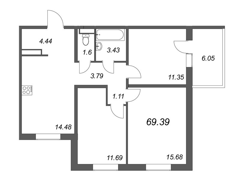 3-комнатная квартира, 67.57 м² в ЖК "Юттери" - планировка, фото №1