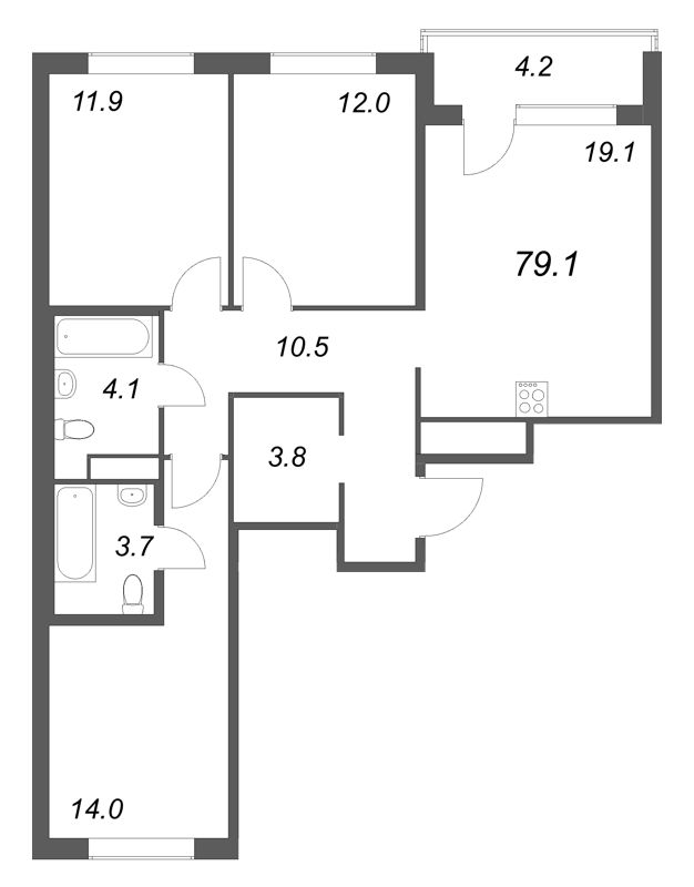 4-комнатная (Евро) квартира, 79.1 м² в ЖК "Передвижники" - планировка, фото №1