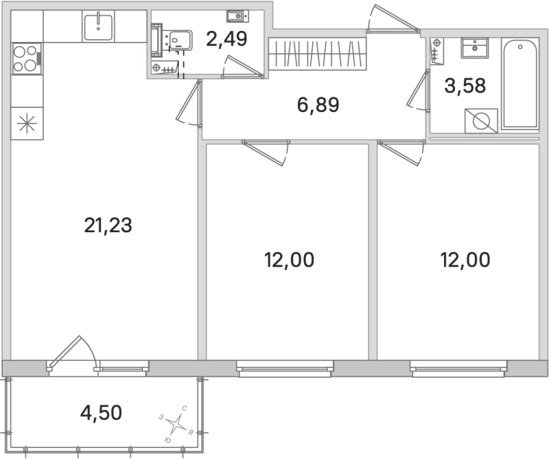 3-комнатная (Евро) квартира, 58.19 м² в ЖК "Любоград" - планировка, фото №1