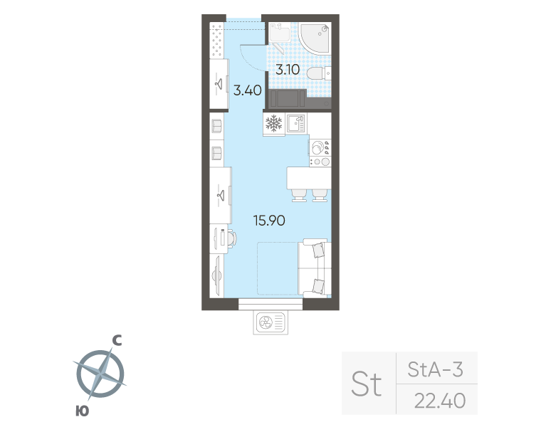 Квартира-студия, 22.4 м² в ЖК "Ручьи" - планировка, фото №1