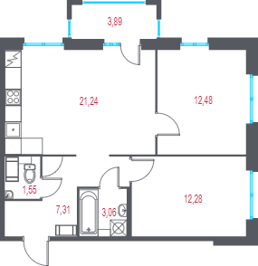 3-комнатная (Евро) квартира, 59.09 м² в ЖК "Город-спутник Южный" - планировка, фото №1