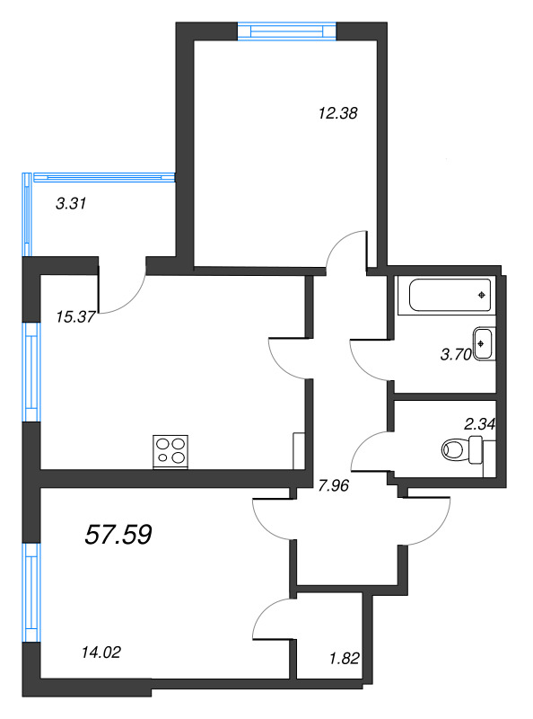 3-комнатная (Евро) квартира, 57.59 м² - планировка, фото №1